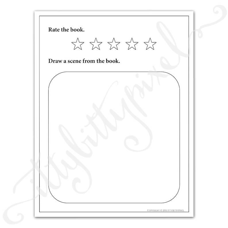 May include: A black and white printable book review worksheet with a five-star rating system and a blank space for drawing a scene from the book.