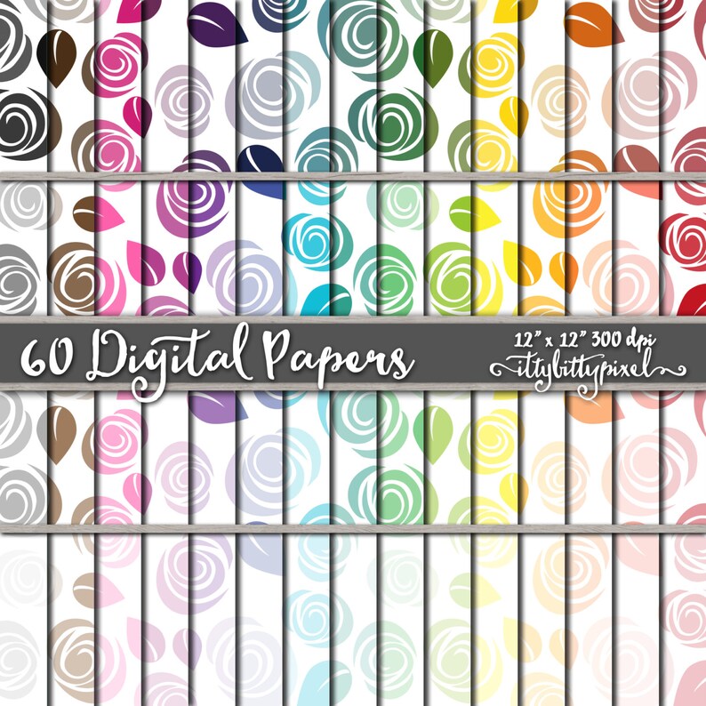 May include: 60 digital papers featuring a repeating pattern of white stylized roses and leaves on a white background. The roses are in various shades of blue, green, purple, pink, orange, yellow, and brown. The papers are 12 inches by 12 inches and 300 dpi. The text "60 Digital Papers" and "ittybittypixel" are at the bottom of the image.