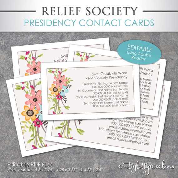 Relief Society Presidency Contact Cards - LDS Editable PDF PRINTABLE Rs Latter-day Saint Ministering Sisters Handout Floral Business Card