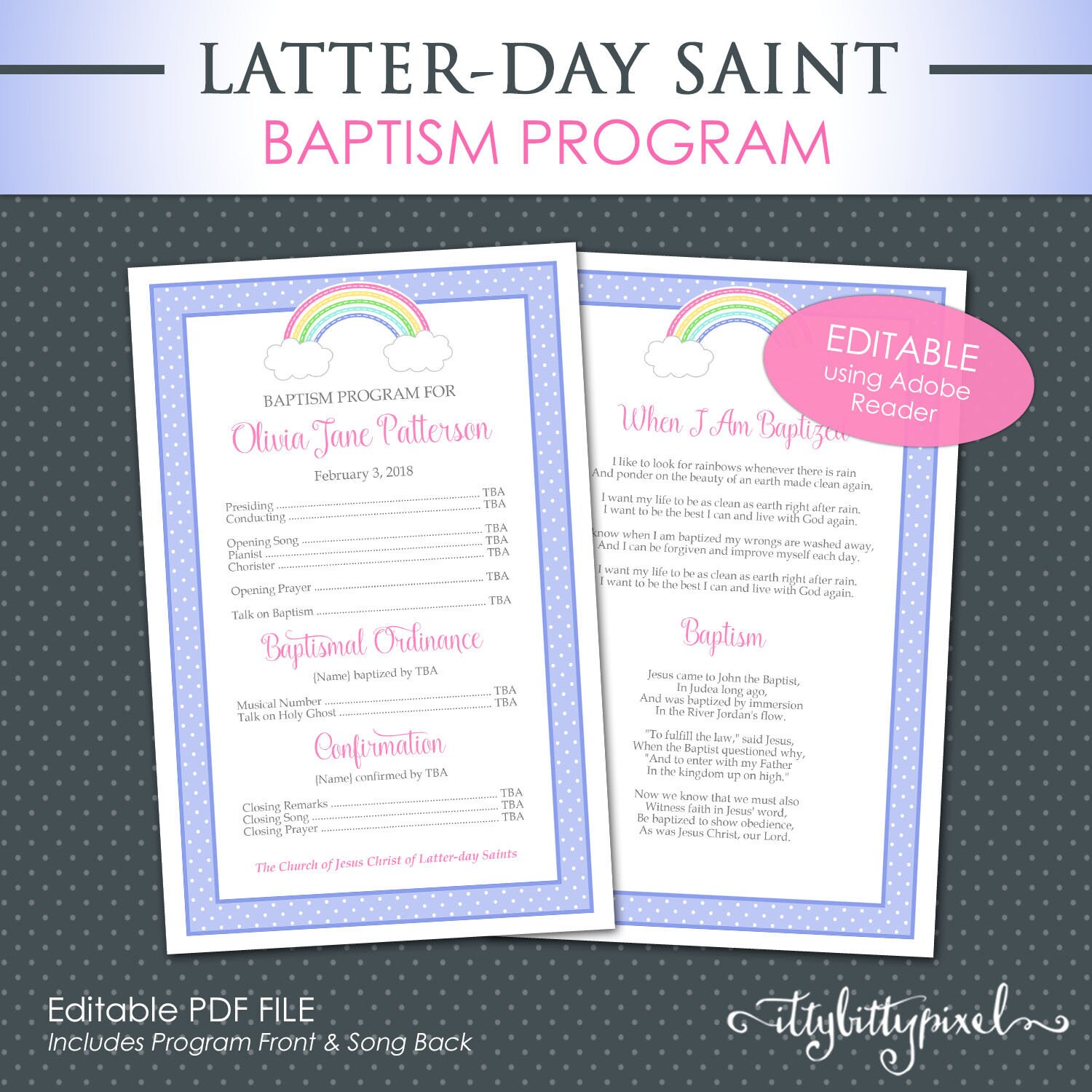 LDS Baptism Program - EDITABLE PDF Double Sided Half Page Printable Handout Song Girl Blue Pink I Like to Look for Rainbow Great to Be 8
