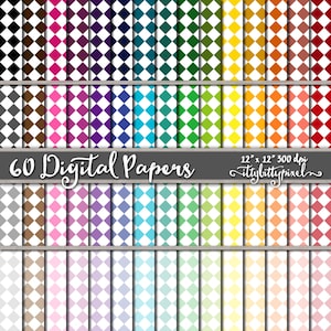 May include: 60 digital papers with a white and colored checkered pattern. Each paper is 12 inches by 12 inches and 300 dpi. The text "60 Digital Papers" and "12" x 12" 300 dpi" is visible in the image.