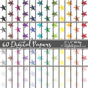 May include: 60 digital papers featuring a repeating pattern of watercolor stars in various colors. The papers are 12 inches by 12 inches and 300 dpi. The text "60 Digital Papers" and "ittybittypixel" are visible in the image.