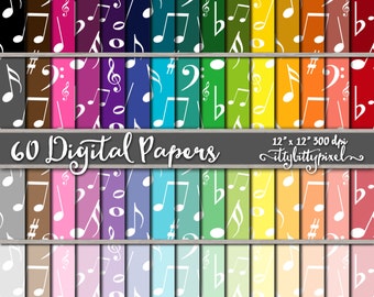 May include: Sixty digital papers with a repeating pattern of white musical notes on a variety of colorful backgrounds. The papers are 12 inches by 12 inches and 300 dpi.