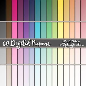 May include: 60 digital papers in a variety of colors, including pink, blue, green, yellow, and brown. The papers are arranged in a grid pattern and are 12" x 12" at 300 dpi. The text "60 Digital Papers" and "ittybittypixel" are visible in the image.