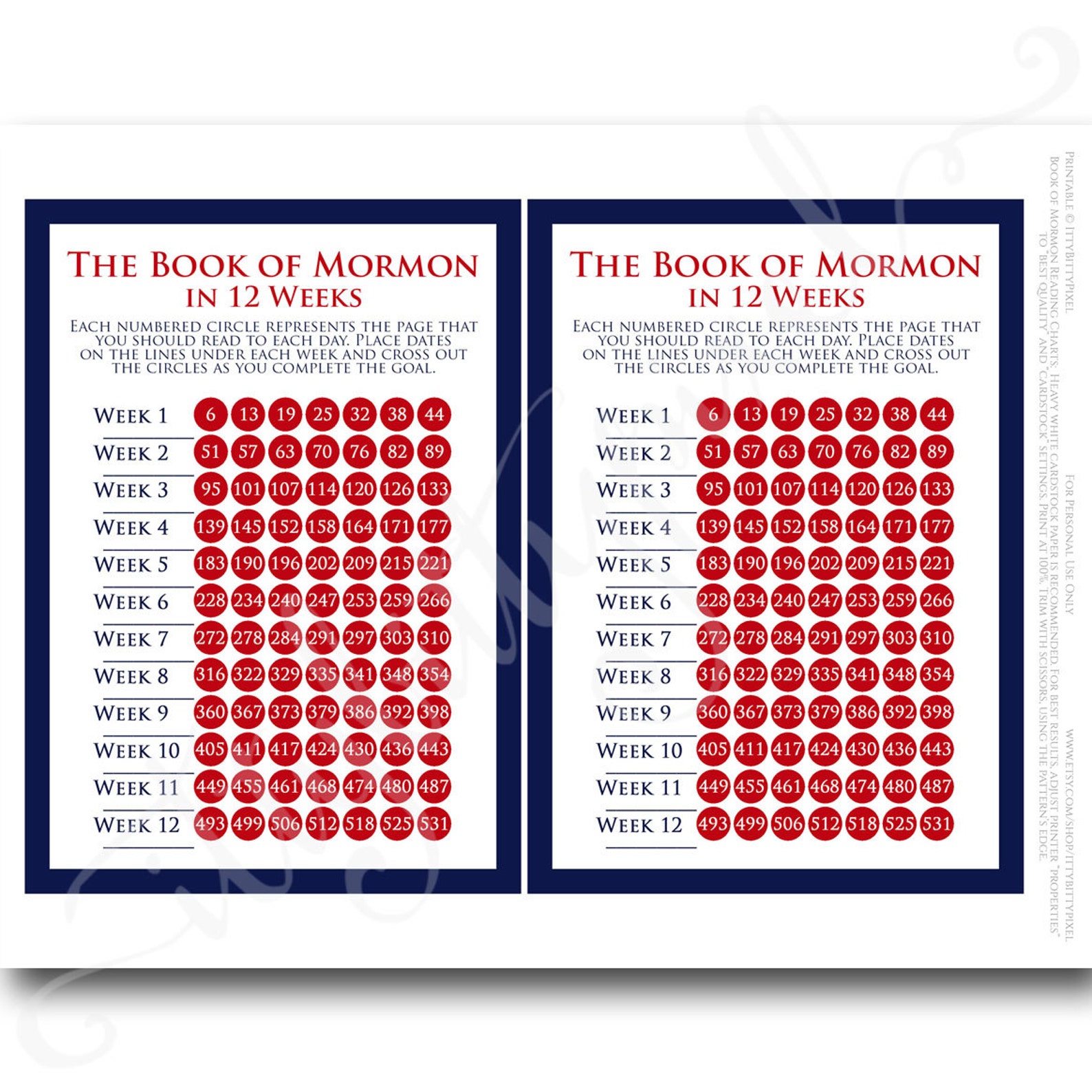 Book of Mormon Scripture Reading Chart LDS 12 Week Young Men Duty God