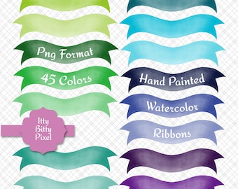 Watercolor Ribbon Clip Art - Hand Painted Banners Painted Digital Clipart Paint PNG Format Images Graphics Wedding Party Invitation