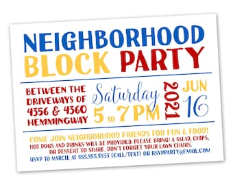 Neighborhood Block Party Invitation - Announcement Invite Card Digital Customized Custom Summer Party Barbecue BBQ Family Reunion Friends