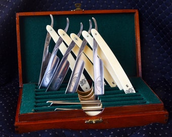 Shaving set, shave kit of eight vintage straight razors in a Mahogany fitted case. One off never 2 be repeated. Gift for men FREE delivery