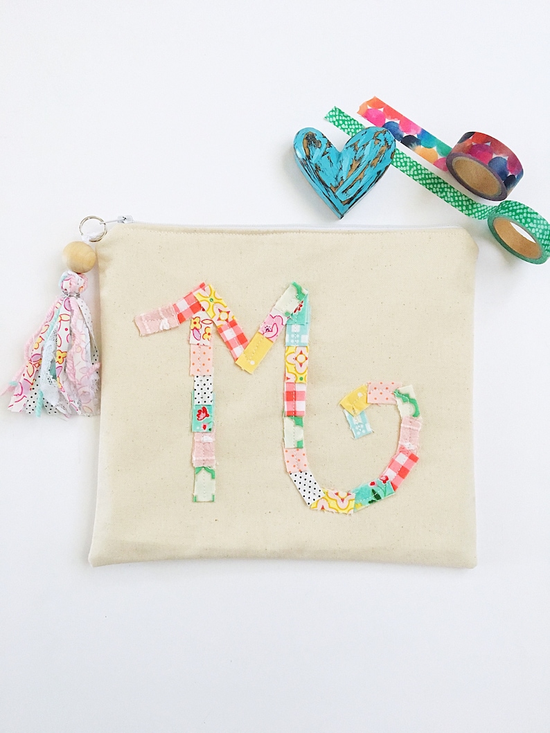 Monogram Pouch Initial Zipper Pouch with Fabric Tassel