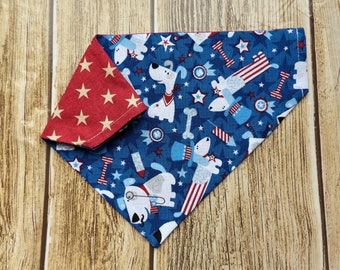 Reversible Patriotic Dog Bandana. Stars dog bandana. 4th of July dog bandana. Dog bandana. Fourth of July dog. Patriotic dog. Fireworks dog.