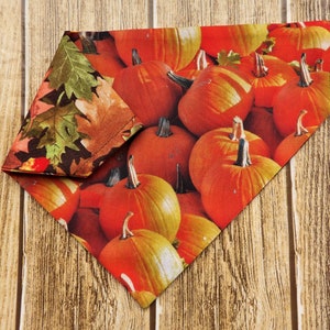 Reversible Fall Pumpkins and Leaves Dog Bandana. Fall dog bandana. Pumpkins dog bandana. Leaves dog. Autumn dog. Reversible dog. Over collar