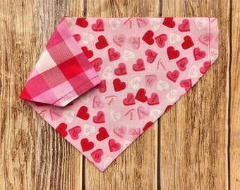 Reversible Valentine's Day Dog Bandana. V Day Dog Bandana. Pink Plaid Dog Bandana. Hearts Dog Bandana. Pink Dog Bandana. Valentines Day Dog.