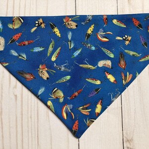 Fly Fishing Dog Bandana. Fishing Lures Dog Bandana. Fishing Dog. Fishing Flies Dog. Fish lures. Slip on Over Collar Dog Bandana. Dog Bandana