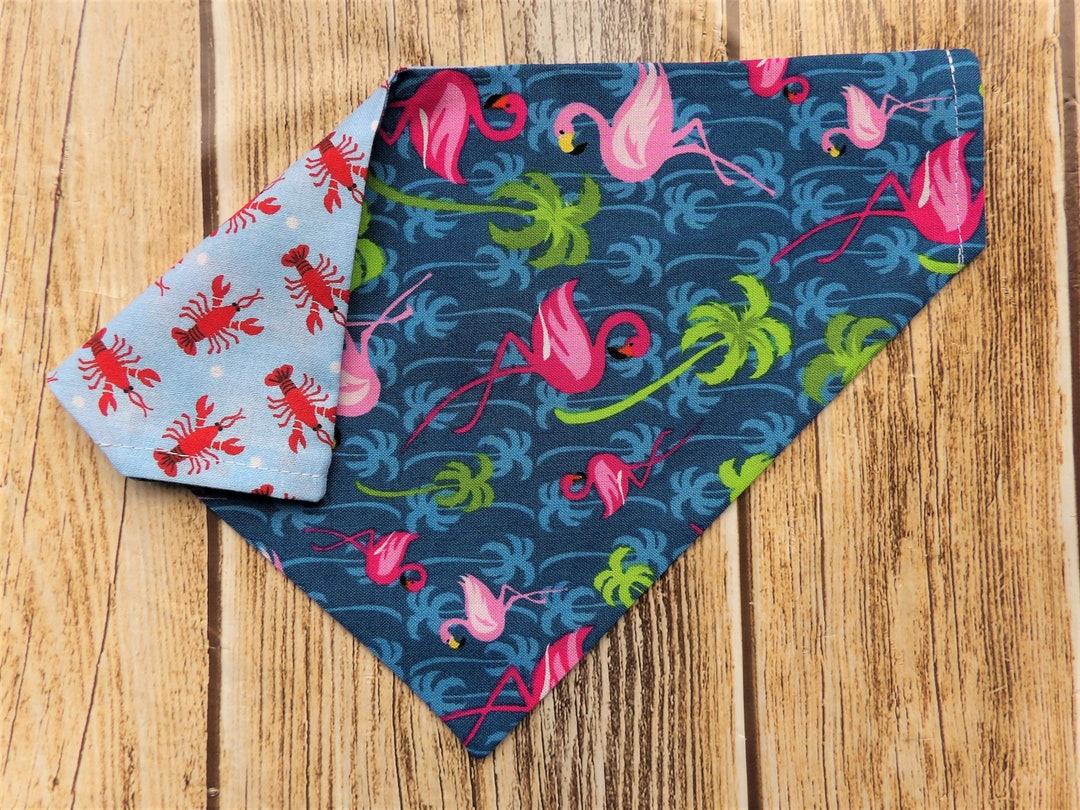 Reversible Tropical Beach Dog Bandana. Lobsters Dog Bandana. Flamingos