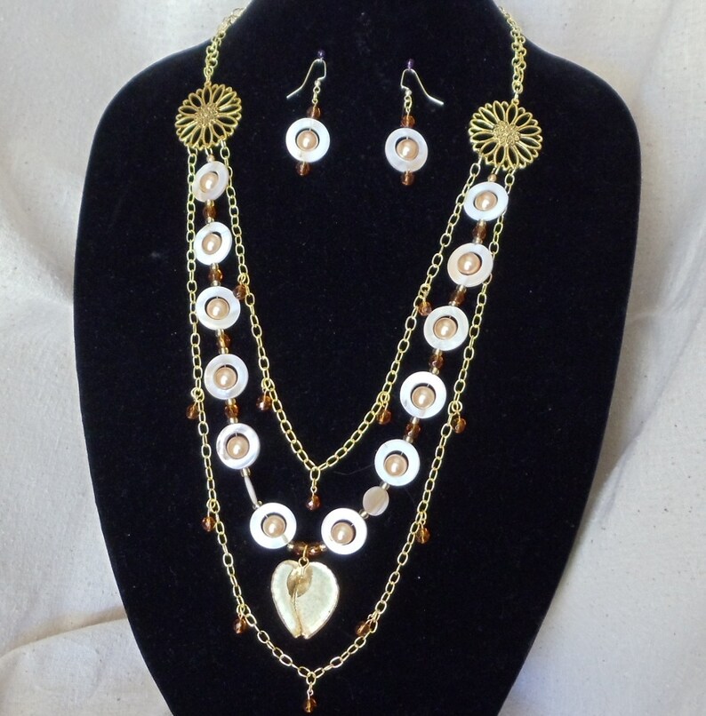 Mother of Pearl Amber Shell,Long Multi Strand Statement Necklace Set,Gold Pearl,Gold Sea Shell Pendant,Earring,Guardian Angel Dangle,#NS1068