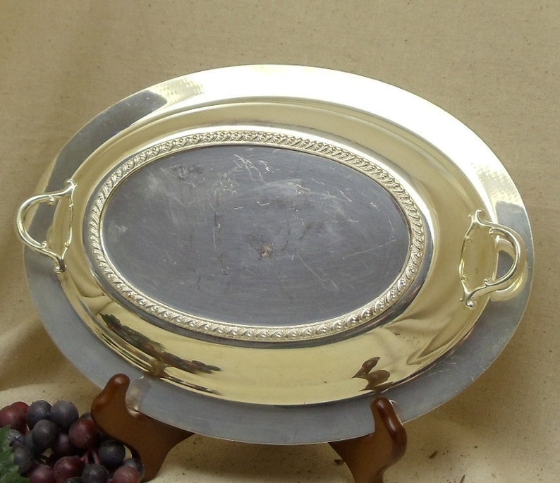 Braided Design Around Bottom Edge,antique silver bowl,#VH3027 Vintage Silver Plated Oval Serving Bowl with Handles