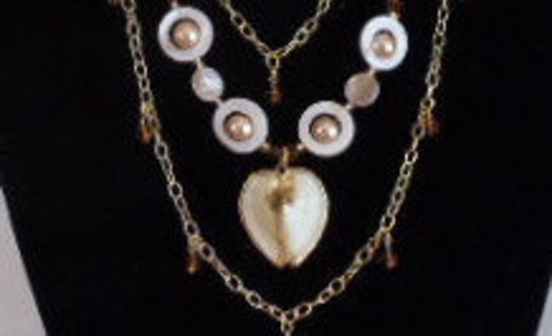 Mother of Pearl Amber Shell,Long Multi Strand Statement Necklace Set,Gold Pearl,Gold Sea Shell Pendant,Earring,Guardian Angel Dangle,#NS1068