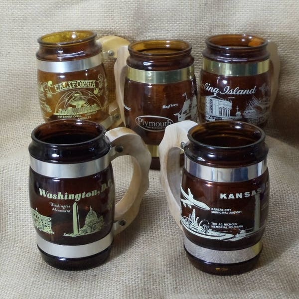 Collectible 5 Mini Souvenir Steins,Brown Glass,Wood Handle,Washington DC,Catalina Island,California,Kansas City,Plymouth,,#VB7336