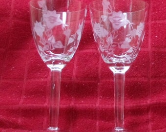 Set of Vintage Goblets  2 Wine, Water Glasses, Goblets, Etched Leaves and Flowers  on Bowl, Excellent Condition,!!!, #VG4307