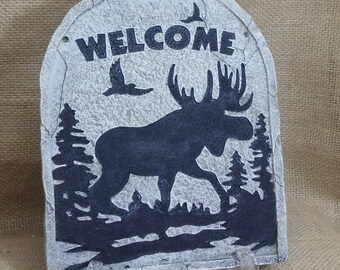 Vintage 8" Hand-painted  Spoontiques Moose Welcome Plaque, Wall Hanging, Decoration, Old Collectible, , #VB7474