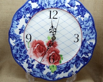 Upcycled Pioneer Woman Kitchen Plate Clock,HERITAGE FLORAL,Stoneware Plate Wall Clock Blue,Red Flowers,Handmade Plate Clock,Clock Dish,C6121