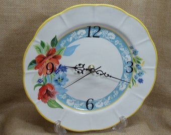 Upcycled  New Pioneer Woman SPRING BOUQUET  Ceramic Dish Wall Clock,Yellow Edge,Handmade Plate Clock, Plate Clock,,#C6073