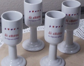 Vintage Set of 4 White Ceramic di Amore Shot Glass, The 'Liqucure' of Love, Aperitif, Cordial Glasses,,#VG4310