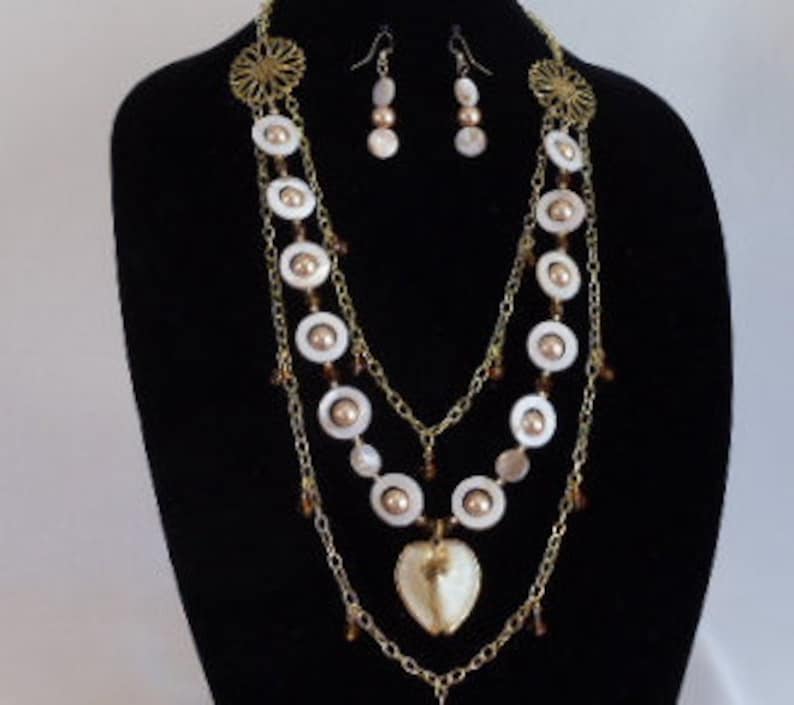 Mother of Pearl Amber Shell,Long Multi Strand Statement Necklace Set,Gold Pearl,Gold Sea Shell Pendant,Earring,Guardian Angel Dangle,#NS1068
