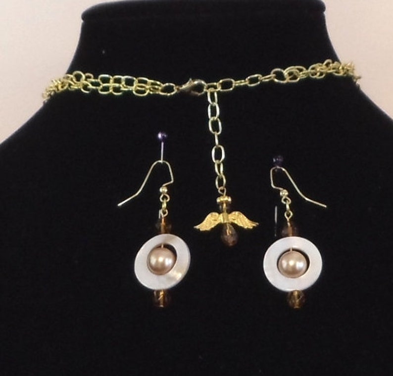 Mother of Pearl Amber Shell,Long Multi Strand Statement Necklace Set,Gold Pearl,Gold Sea Shell Pendant,Earring,Guardian Angel Dangle,#NS1068