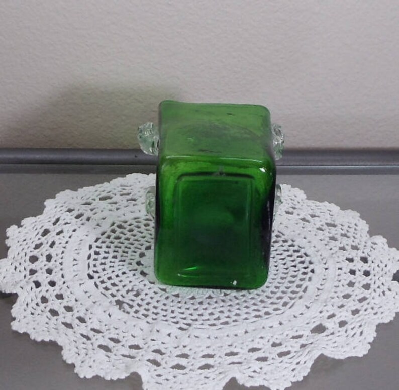 Exquisite Vintage Green Glass Square Vase With Glass Handles Etsy