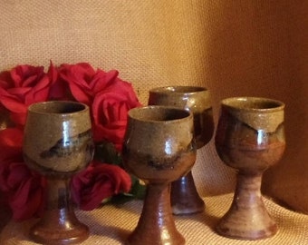 Vintage 4 Brown Ceramic/Stoneware Cordial/Shot Glass/Egg Cup Set,4 3/4",#VB7280