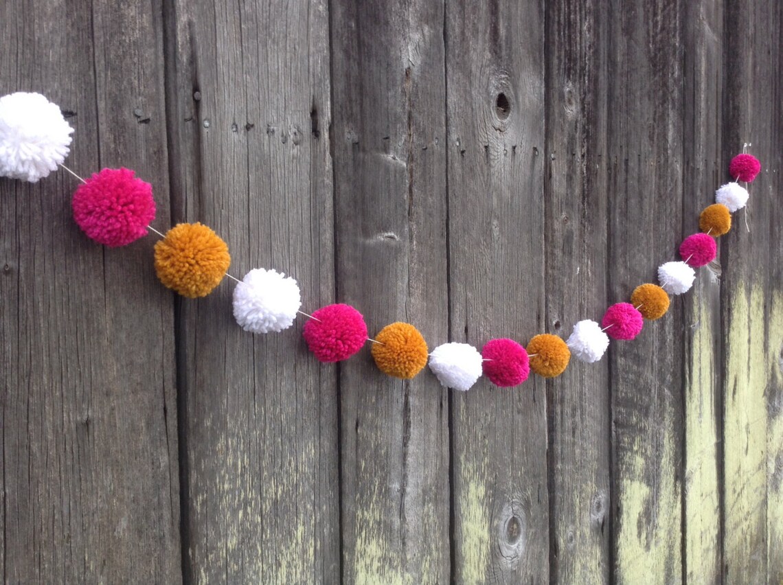 Yarn Pom Pom Garland Hot Pink Gold and White Etsy