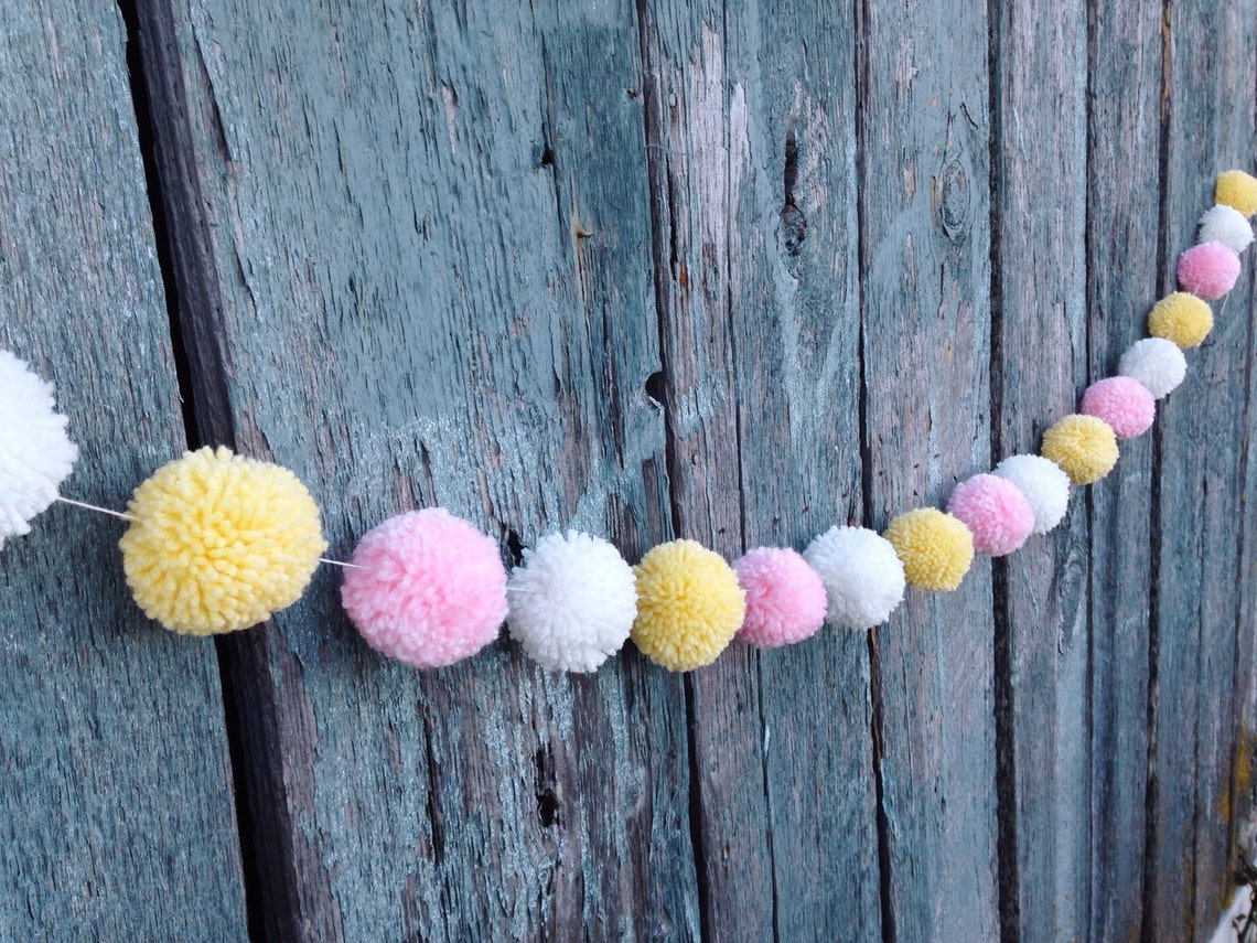 Yarn Pom Pom Garland Pink Yellow and White Etsy