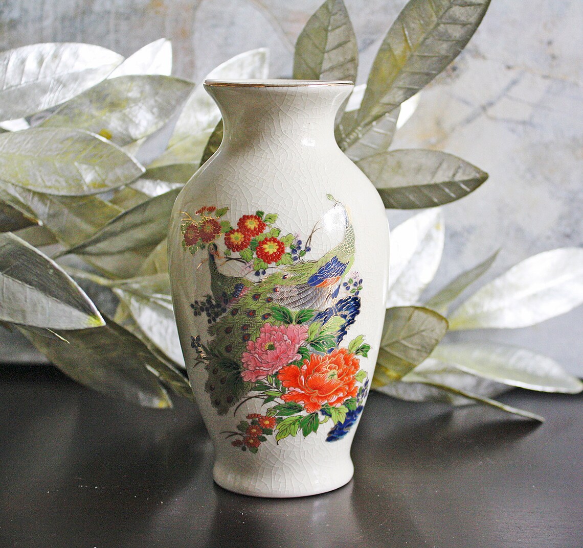 Japanese Peacock Vase, Vintage Porcelain Vase, Ivory Crazed Glazed Vase