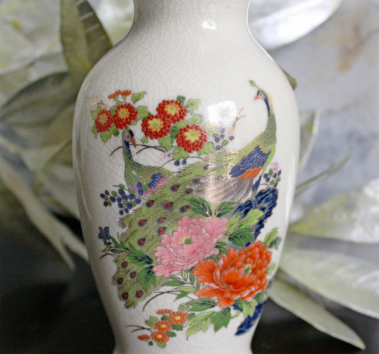 Japanese Peacock Vase Vintage Porcelain Vase Ivory Crazed Etsy