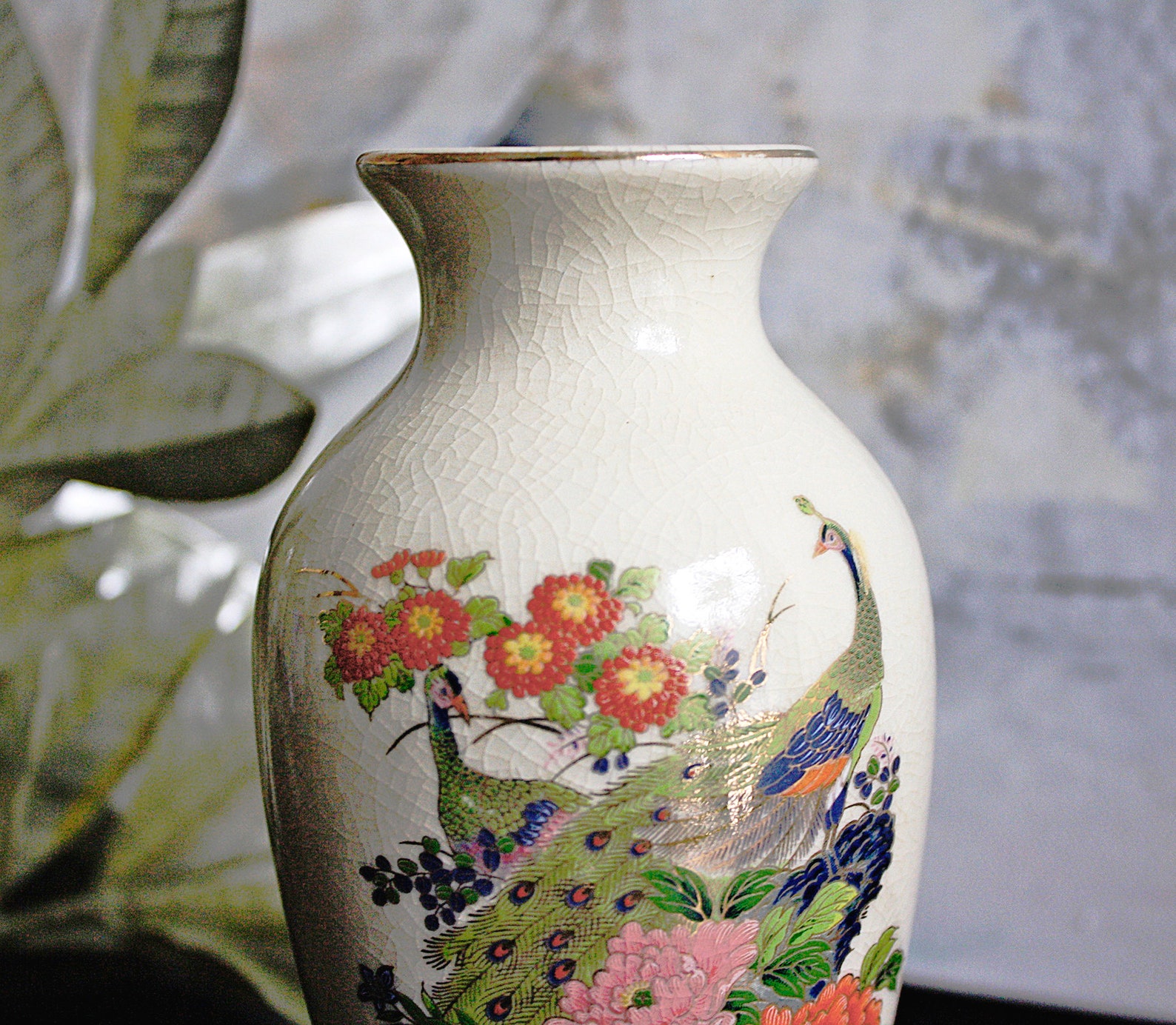 Japanese Peacock Vase, Vintage Porcelain Vase, Ivory Crazed Glazed Vase