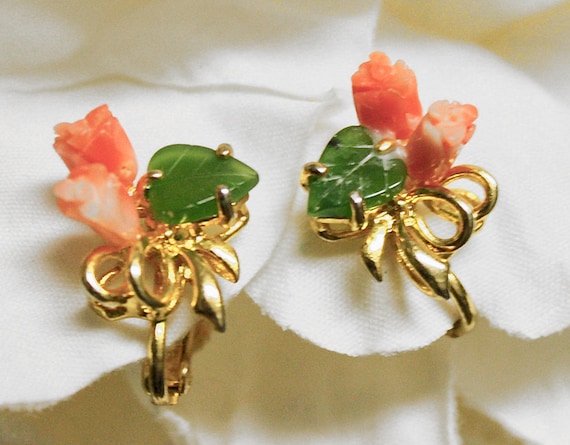Carved Coral Earrings, Vintage Coral Jade Earrings