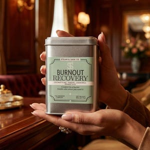 Puede incluir: Una lata rectangular de metal plateado con una etiqueta de color verde claro con el texto STEAM & SAGE CO. BURNOUT RECOVERY, COCONUT FLAKE, PANDAN, CHAMOMILE, ORANGE SLICE, Comfort in a Sachet, Gentle care when you need it, YOU DESERVE COMFORT, PESO NETO 90G.