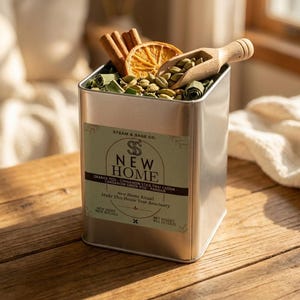 Puede incluir: Una lata rectangular de metal plateado llena de ingredientes secos, incluyendo vainas de cardamomo verde, ramas de canela y una rodaja de naranja seca. Una pequeña pala de madera descansa dentro. La etiqueta dice STEAM & SAGE CO. NEW HOME.