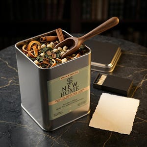 May include: A square silver metal tin filled with dried orange peel, pandan, jasmine, and cinnamon sticks, featuring a label that reads STEAM & SAGE CO. NEW HOME. A wooden scoop rests inside the tin, accompanied by a box of matches and a blank card.