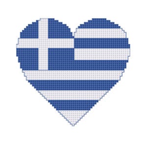 May include: A heart-shaped design depicting the Greek flag in a pixelated style. The design uses the blue and white colours of the flag, with a white cross in the upper left and alternating blue and white stripes.