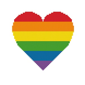 May include: A pixelated heart design in the colors of the rainbow. The heart shape is composed of small, square blocks in red, orange, yellow, green, blue, and purple, arranged in horizontal stripes against a white background.
