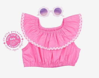 Girls Frilly Neck Crop Top, Sewing Pattern PDF, Sizes 3T,4T,5,6,7,8,9,10yrs