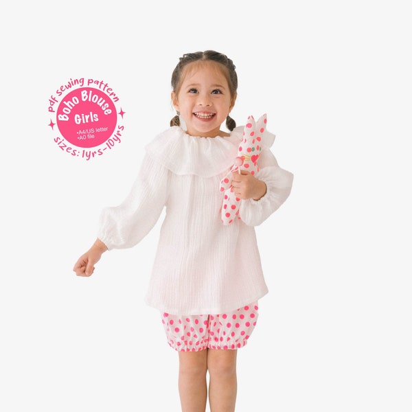 Ruffle Blouse PDF Sewing Pattern, Long & Short Puff Sleeves. Size 1Y-10Y. Baby, Toddler, Girl