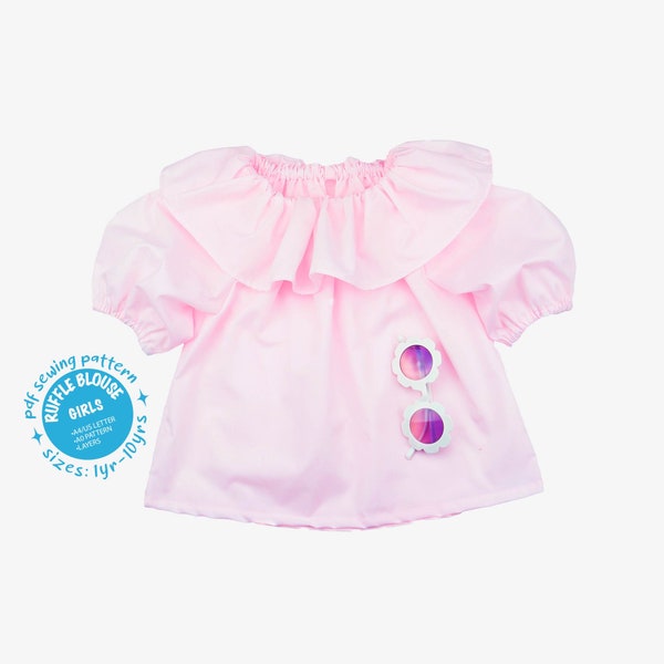 Ruffle Blouse PDF Sewing Pattern, Long & Short Puff Sleeve. Size 1yr - 10yr. Baby, Toddler, Girl