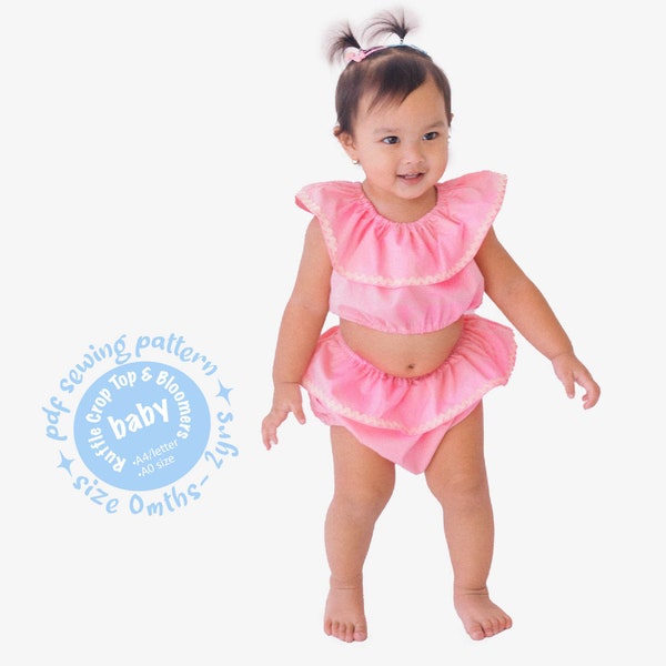 Ruffle Crop Top & Ruffle Bloomers PDF Sewing Pattern. Sizes 0m, 3m, 6m, 12m, 18m, 2T.