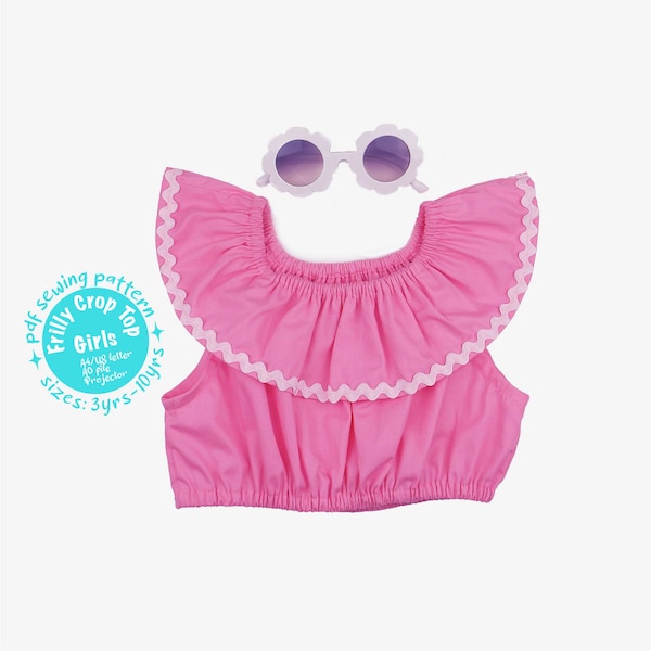 Girls Frilly Neck Crop Top, Sewing Pattern PDF, Sizes 3T,4T,5,6,7,8,9,10yrs