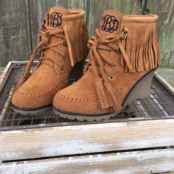 Monogrammed fringe wedge booties