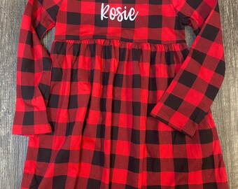 Personalized Embroidered Plaid Dress, Girls dress for Christmas, Girls dress for holiday party, Monogram Christmas Outfit, Red Plaid Dress
