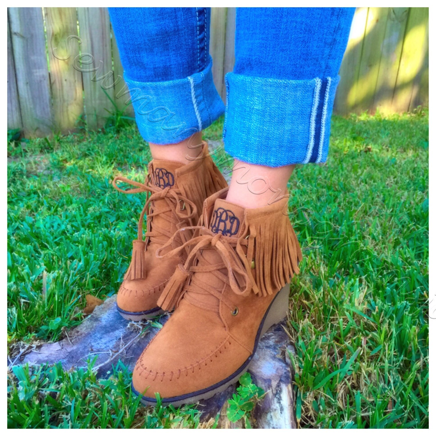 SALE Monogrammed Fringe Wedge Booties 